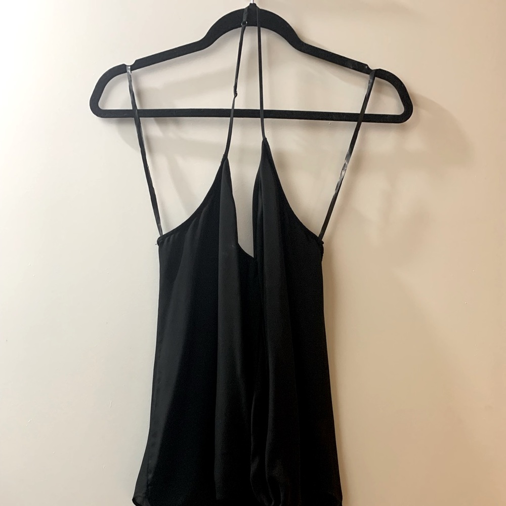 Black Parker chiffon halter top with low back.